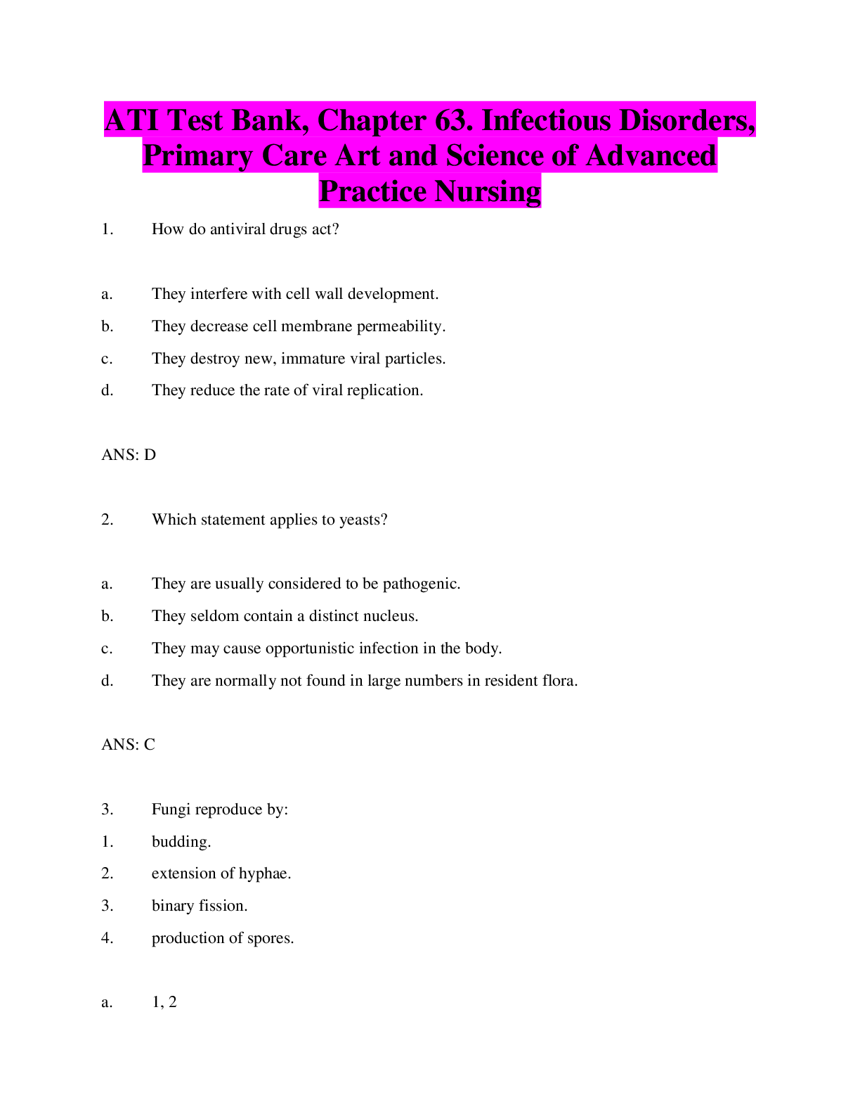 Preview image for ATI Test Bank, Chapter 63. Infectious Disorders, Primary Care Art and Science of Advanced Practice Nursing